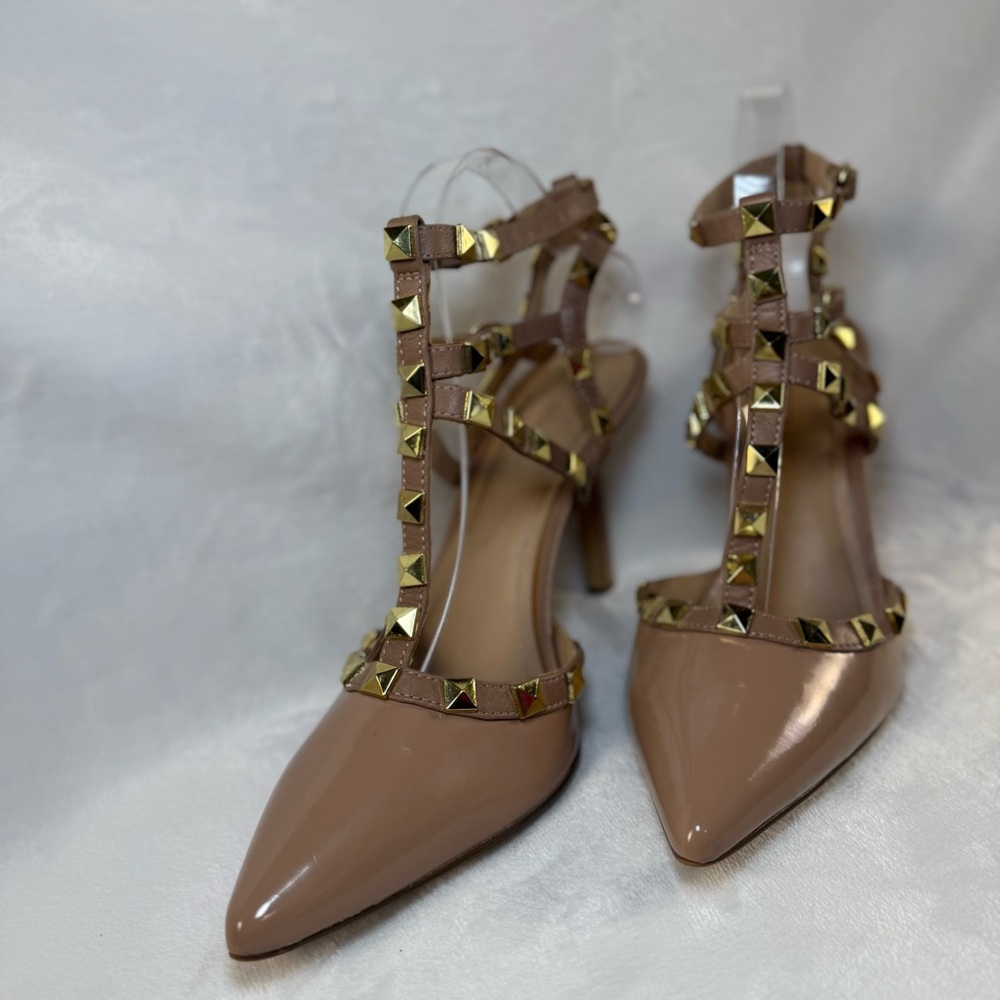 BCBGeneration Nude and Gold Studded Heels 8